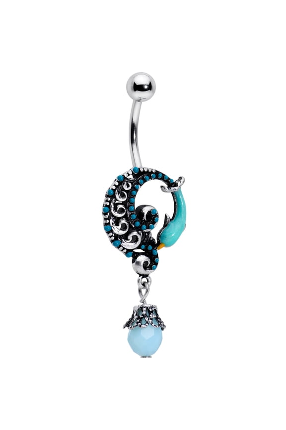 Womens 14G 316L Surgical Steel Navel Ring Piercing Leaping Blue Dolphin Bauble Dangle Belly Button Ring