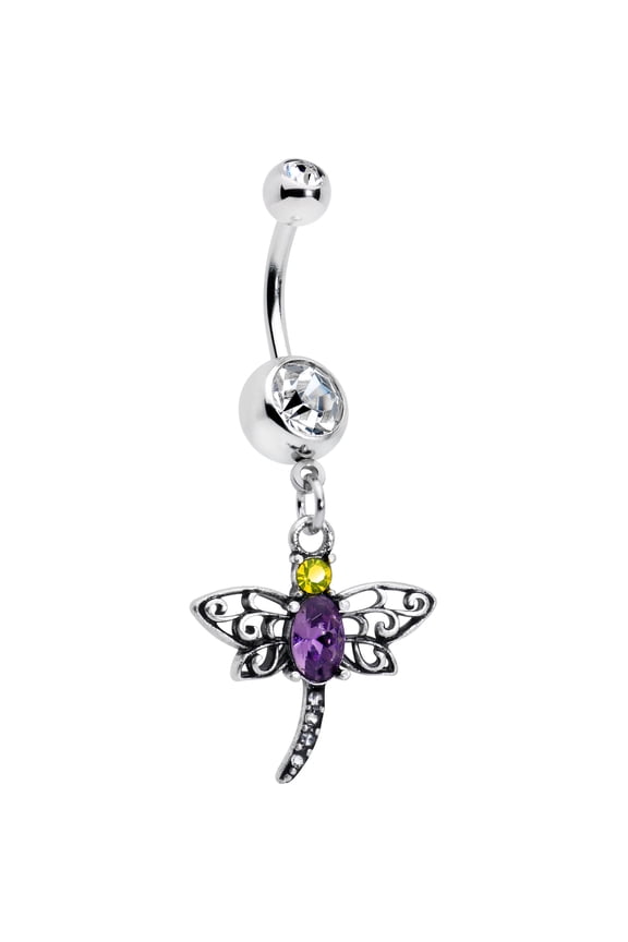 Womens 14G 316L Surgical Steel Navel Ring Piercing Purple Accent Dragonfly Dangle Belly Button Ring