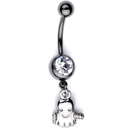Body Candy Womens 14G Black Anodized Steel Navel Ring Piercing Clear Accent Ghost Dangle Belly Button Ring