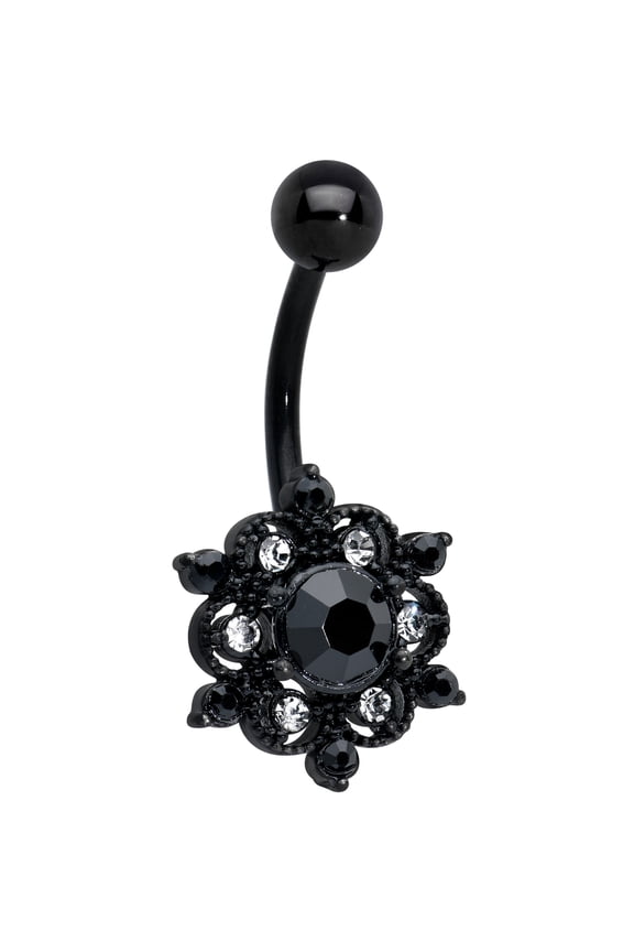 Womens 14G Black PVD Stainless Steel Piercing Black Abstract Sun Belly Button Ring