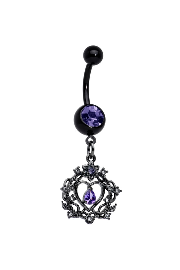 Womens 14G Black PVD Steel Belly Ring Piercing Crown Heart Dangle Belly Button Ring