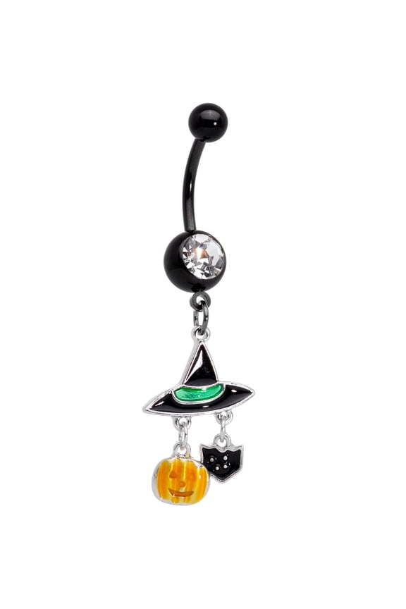 Womens 14G Black PVD Steel Navel Ring Piercing Black Cat Witch Hat Dangle Belly Button Ring