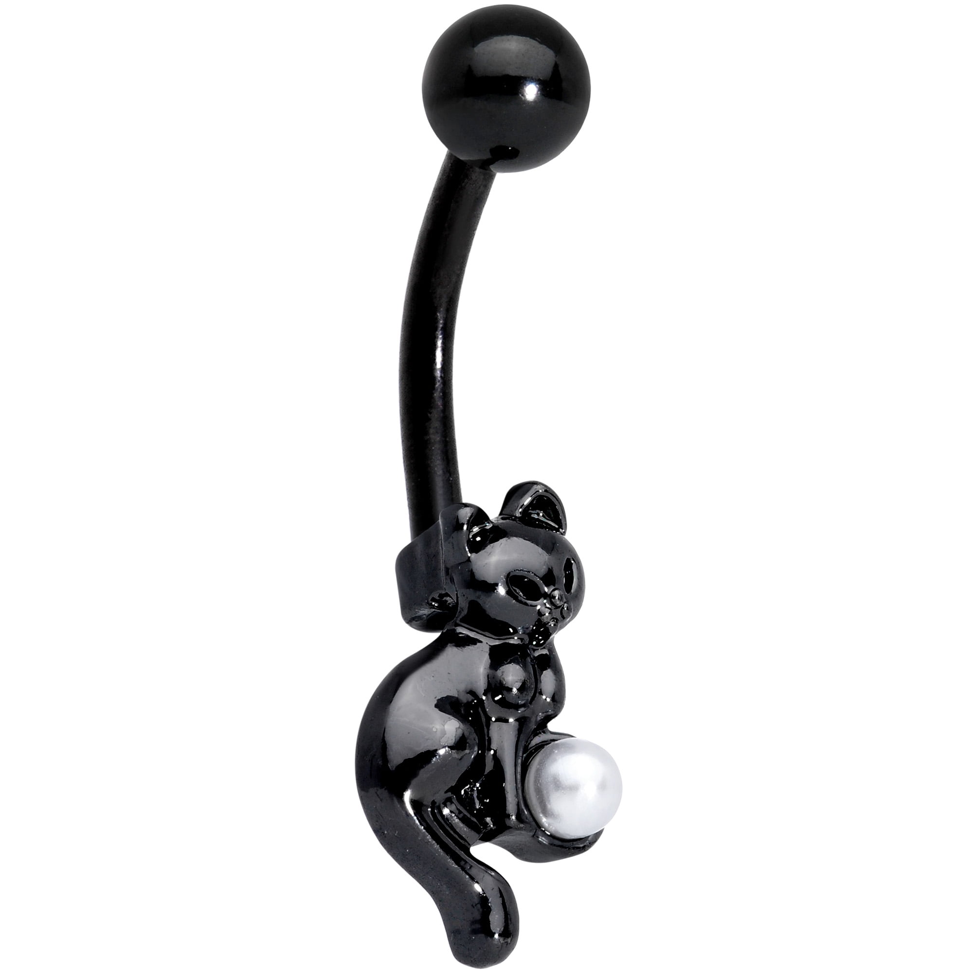BODY CANDY Womens 14G Black Plated Steel Navel Ring Piercing White Orb Black Cat Belly Button Ring