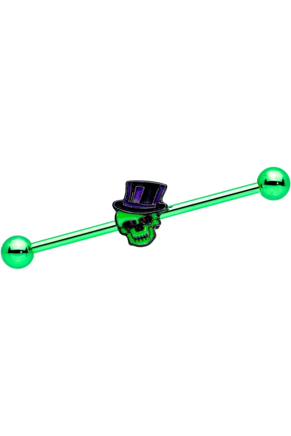 Womens 14G Green Plated Steel Helix Top Hat Skull Industrial Barbell 1 1/2