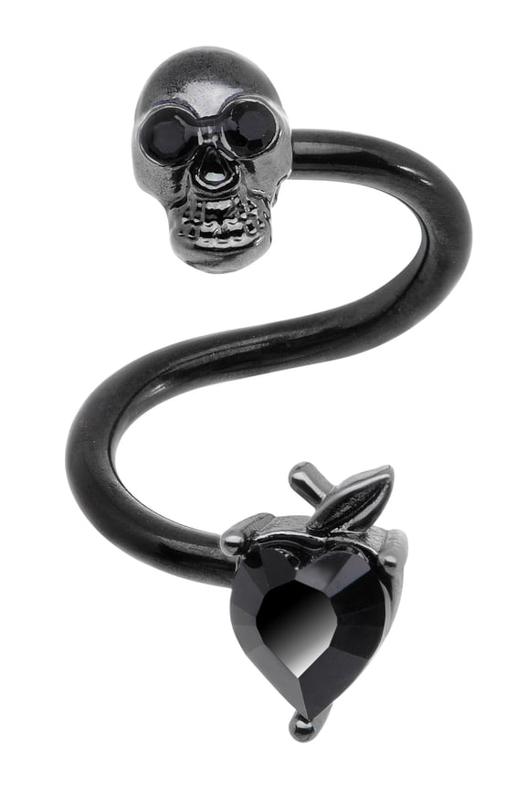 Womens 14G PVD Steel Black Skull Black Accent Heart Spiral Twister Belly Button Ring Navel Ring