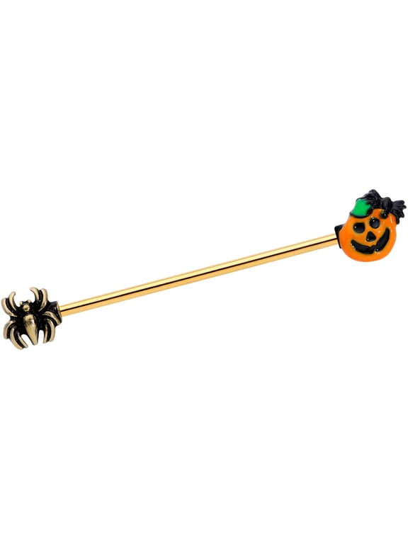 Womens 14G PVD Steel Helix Cartilage Spider Jack O Lantern Pumpkin Industrial Barbell 1 1/2"