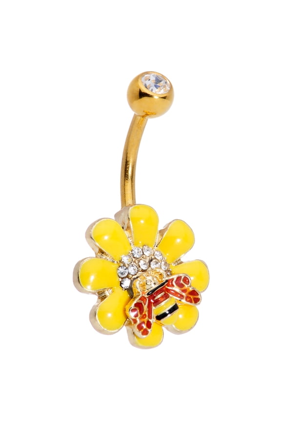 Womens 14G PVD Steel Navel Ring Piercing Clear Accent Red Yellow Bee Flower Belly Button Ring