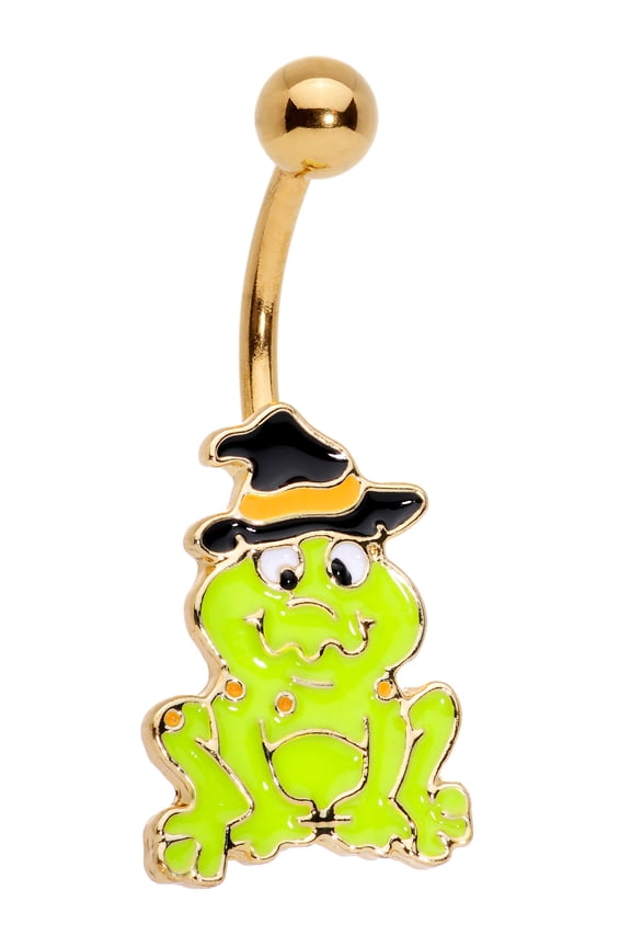 Womens 14G PVD Steel Navel Ring Piercing Ghastly Green Frog Witch Hat Belly Button Ring