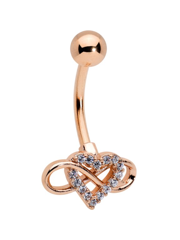 Womens 14G PVD Steel Navel Ring Piercing Rosy Clear Infinity Heart Belly Button Ring