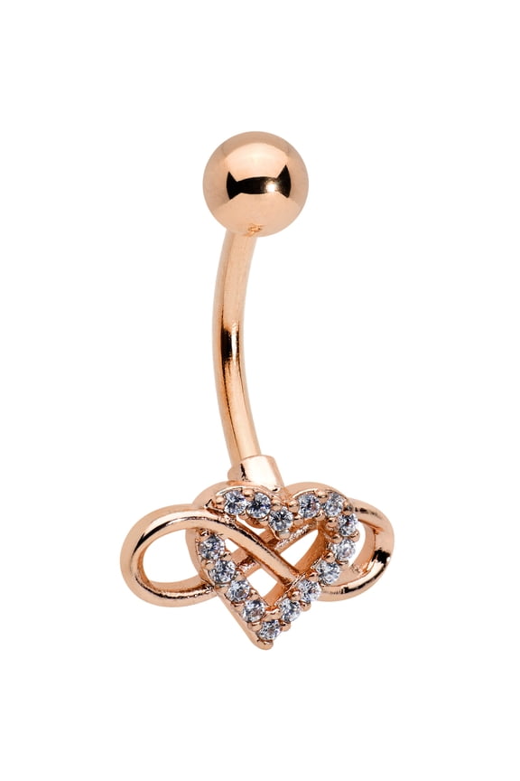Womens 14G PVD Steel Navel Ring Piercing Rosy Clear Infinity Heart Belly Button Ring