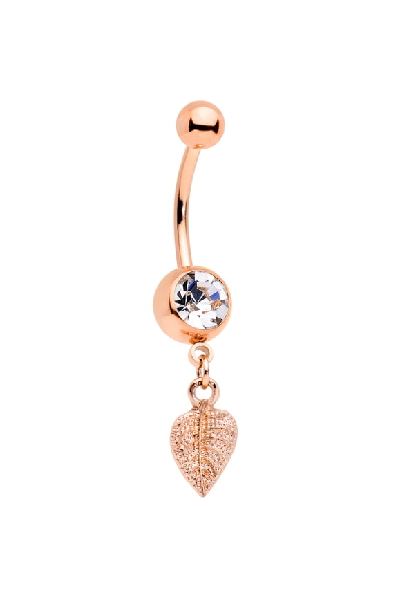 Womens 14G PVD Steel Navel Ring Piercing Rosy Clear Textured Leaf Dangle Belly Button Ring