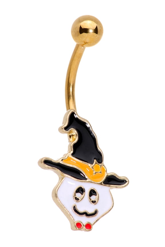 Womens 14G PVD Steel Navel Ring Piercing Spooky Ghost Magic Witch Hat Belly Button Ring