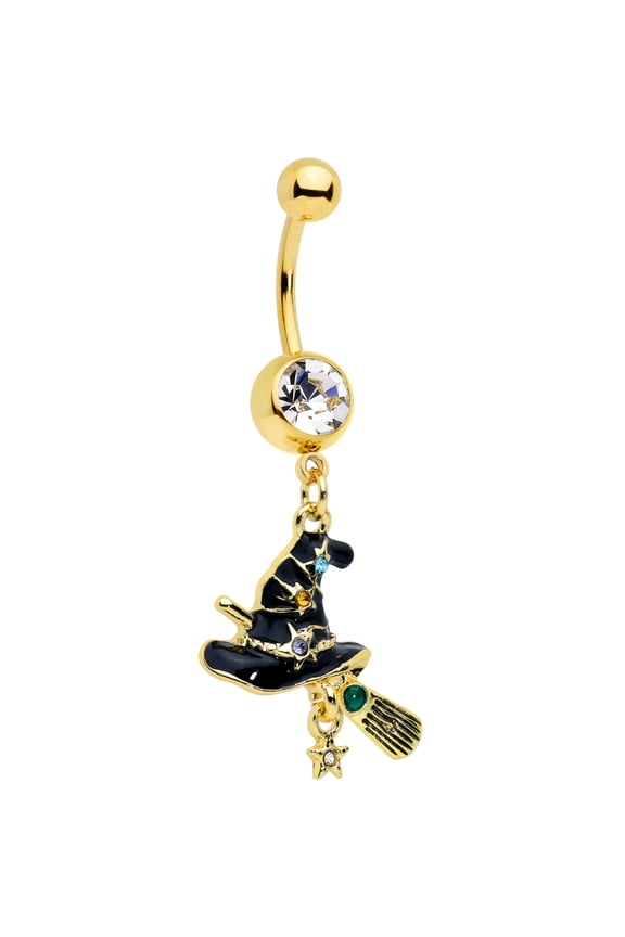 Womens 14G PVD Steel Piercing Clear Hat Broom Witch Dangle Belly Button Ring