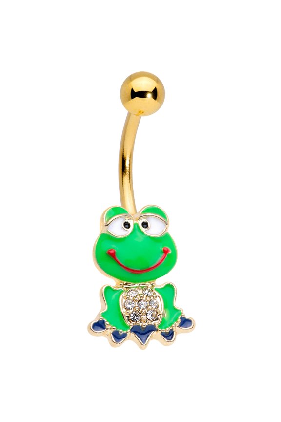 Womens 14G Plated Steel Navel Ring Piercing Clear Accent Green Goofy Frog Belly Button Ring