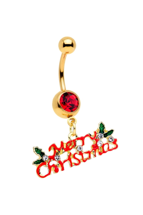 Womens 14G Plated Steel Navel Ring Piercing Red Accent Merry Christmas Dangle Belly Button Ring