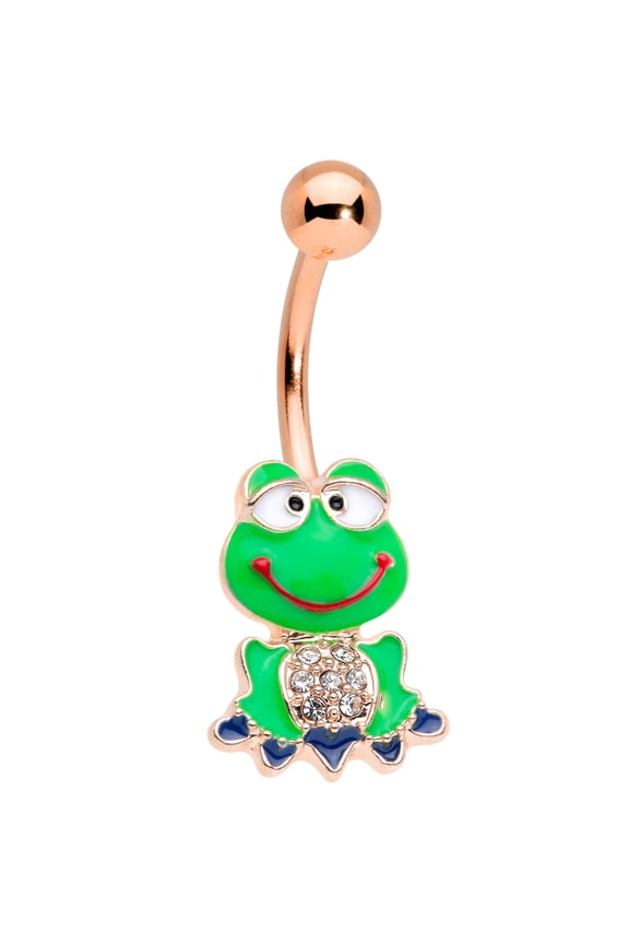 Womens 14G Plated Steel Navel Ring Piercing Rosy Clear Accent Green Frog Belly Button Ring