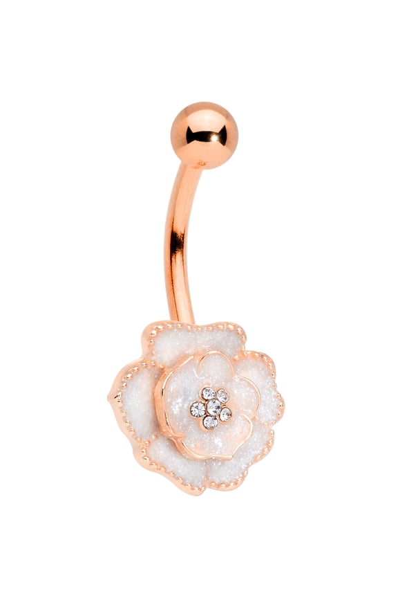 Womens 14G Plated Steel Navel Ring Piercing White Rosy Flower Reversible Belly Button Ring