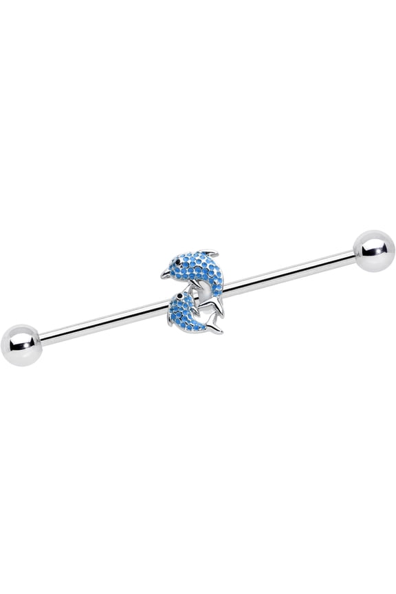 Womens 14G Stainless Steel Helix Blue Double Dolphin Industrial Barbell 1 1/2