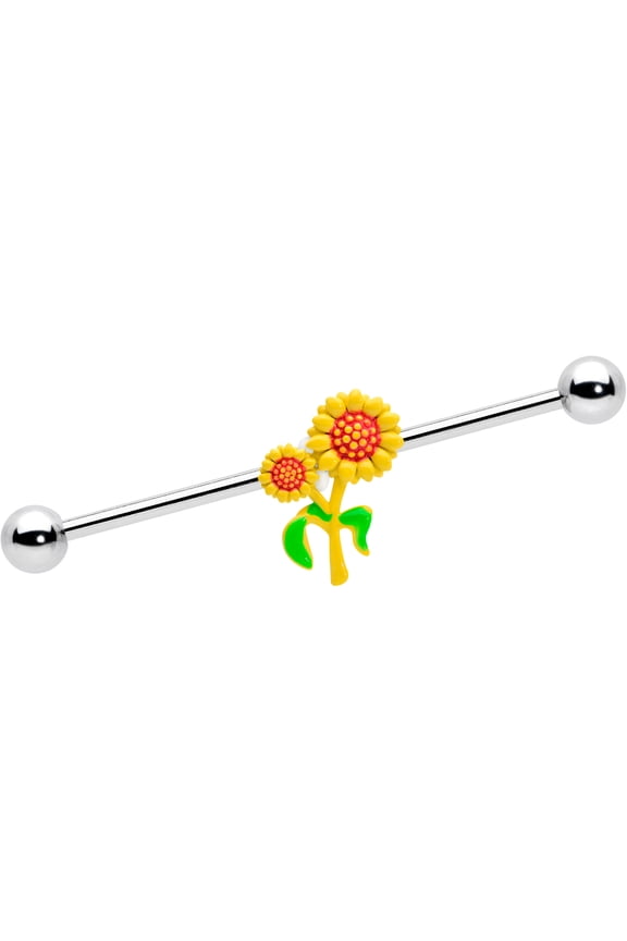 Womens 14G Stainless Steel Helix Happy Yellow Sunflower Duo Industrial Barbell 1 1/2