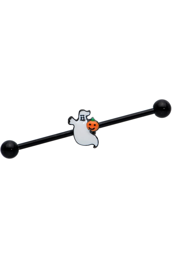 Womens 14G Steel Black Helix Halloween Pumpkin Ghost Industrial Barbell 1 1/2