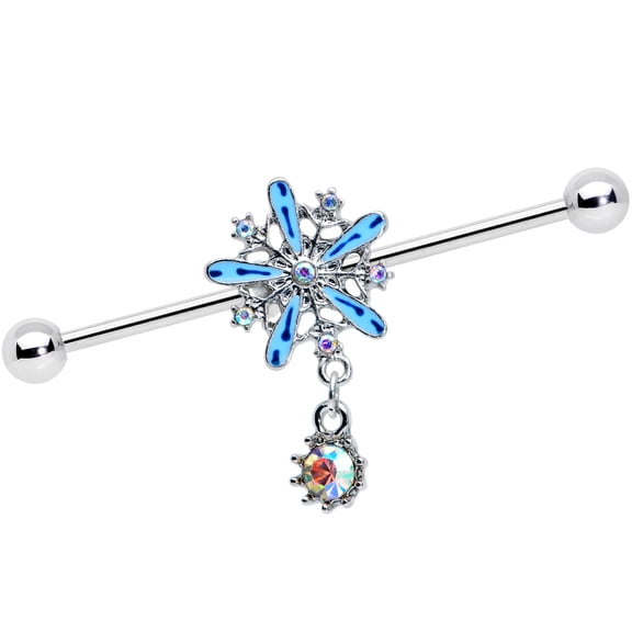 Body Candy Womens 14G Steel Helix Aurora Blue Snowflake Dangle Industrial Barbell 1 1/2