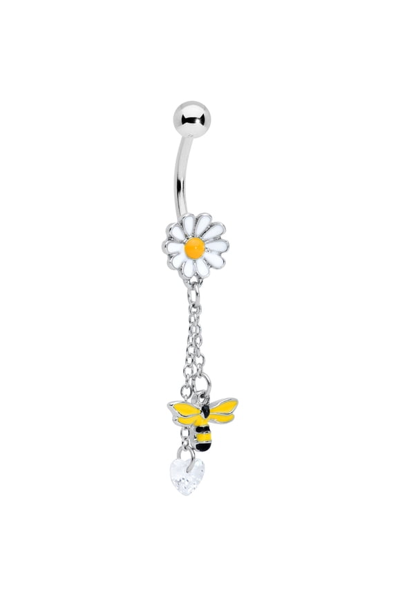 Womens 14G Steel Navel Ring Piercing Clear Heart Bee Daisy Flower Dangle Belly Button Ring
