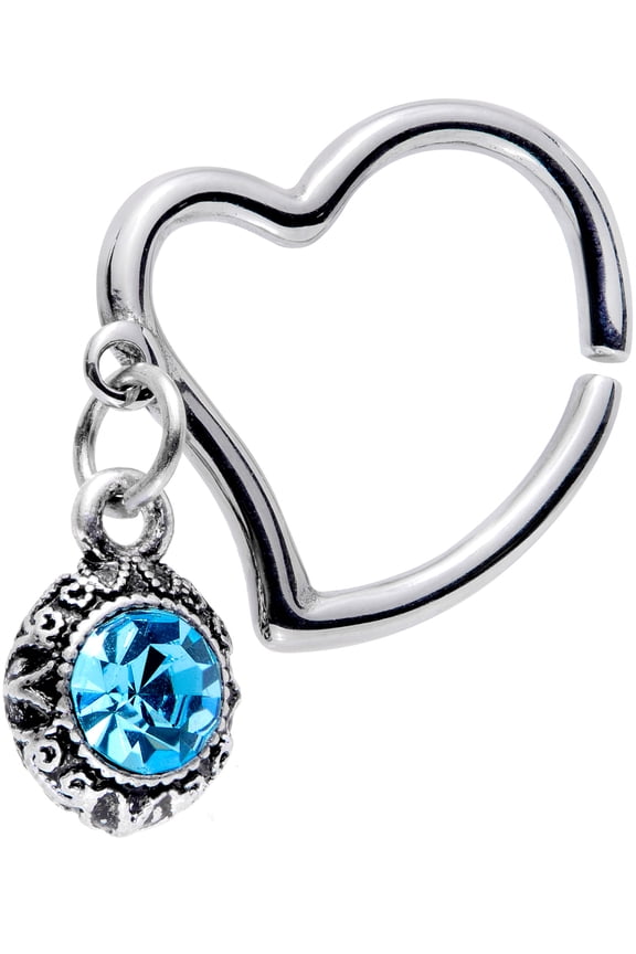 Womens 16G 316L Steel Blue Accent Heart Dangle Closure Ring Daith Helix Tragus Rook 3/8"