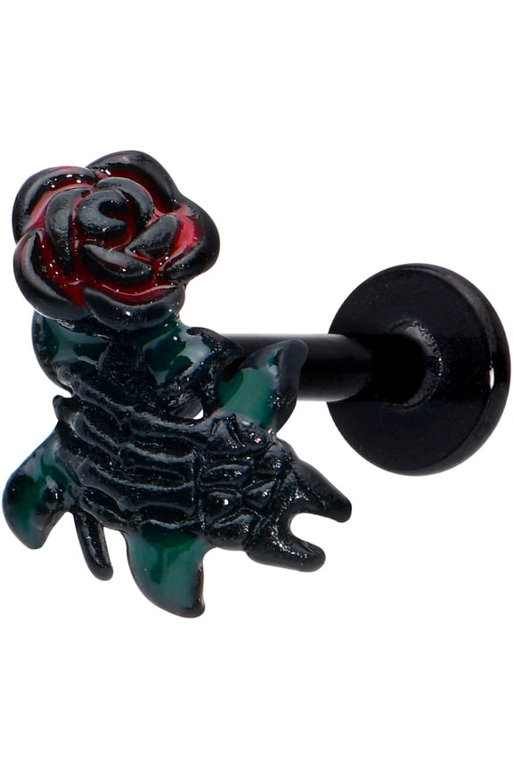 Womens 16G Black PVD Steel Skeleton Flower Labret Monroe Lip Ring Tragus Cartilage Stud 5/16"