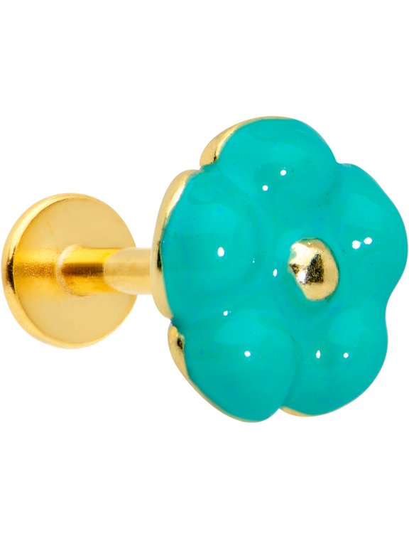 Womens 16G PVD 316L Stainless Steel Little Green Flower Labret Monroe Lip Ring Tragus 1/4"