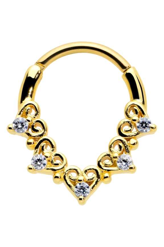 Womens 16G PVD Stainless Steel Septum Jewelry Clear Hearts Daith Tragus Cartilage Clicker 3/8"