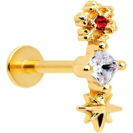 Body Candy Womens 16G PVD Steel Clear Red Star Snowflake Labret Monroe Lip Ring Tragus Cartilage Stud 5/16"