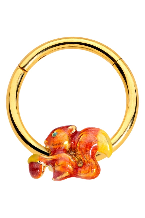 Womens 16G PVD Steel Hinged Segment Ring Seamless Cartilage Nipple Squirrel Acorn Nose Hoop 3/8"