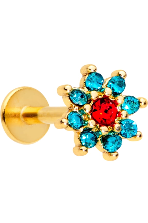 Womens 16G PVD Steel Red Green Accent Flower Cartilage Labret Monroe Lip Ring Tragus 3/8"