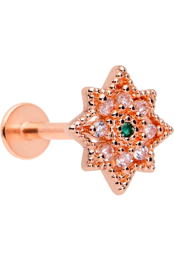 Womens 16G PVD Steel Rosy Clear Green Accent Labret Monroe Lip Ring Tragus Cartilage Stud 5/16"