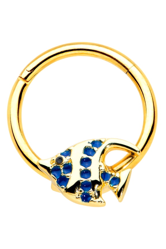 Womens 16G PVD Surgical Steel Clicker Hinged Segment Ring Seamless Blue Angel Fish Nose Hoop 3/8