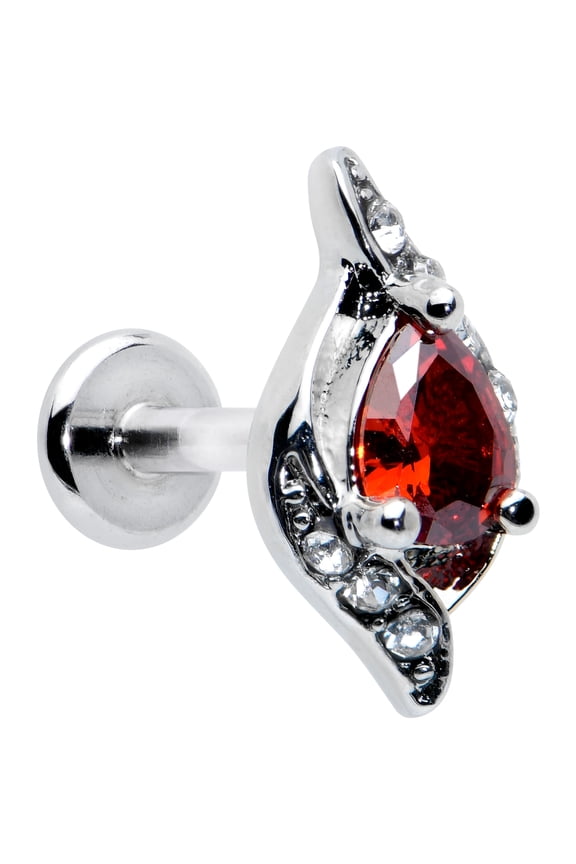 Womens 16G Steel Clear Red Swirl Oval Labret Monroe Lip Ring Tragus Cartilage Stud 1/4"