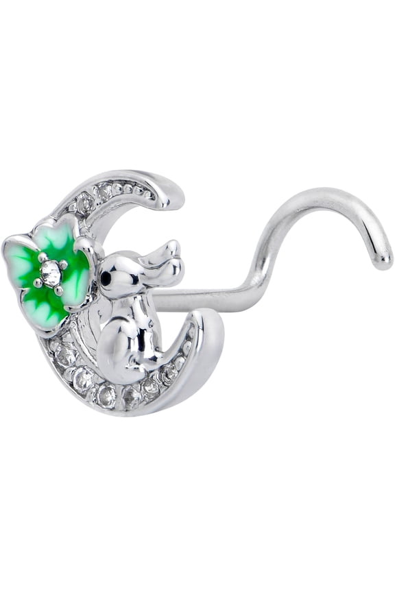 Womens 20G 316L Stainless Steel Nose Screw Nose Ring Rabbit on Moon Green Mens Nose Stud Body Piercing Jewelry 7mm