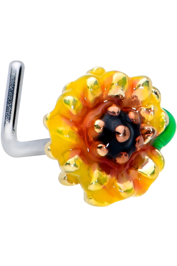 Womens 20G 316L Steel L Shaped Nose Ring Yellow Sunflower Nose Stud Body Piercing Jewelry .27"