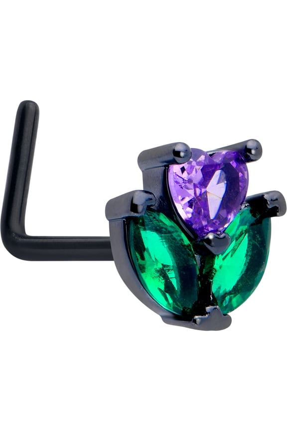 Womens 20G 7mm 316L Stainless Steel Black L Shaped Nose Ring Purple Love Flower Nose Stud Body Piercing Jewelry 0.27