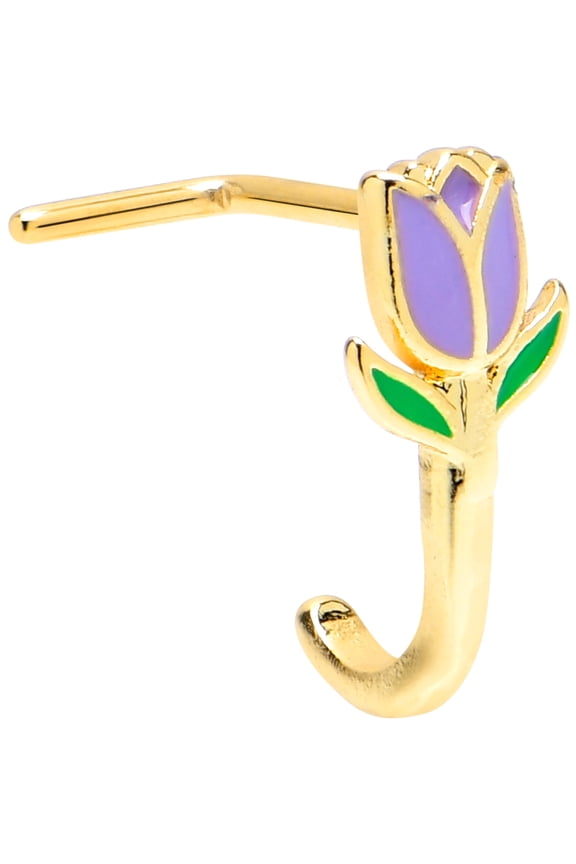 Womens 20G 7mm 316L Stainless Steel Bright L Shaped Nose Ring Tulip Flower Purple Nose Stud Body Piercing Jewelry