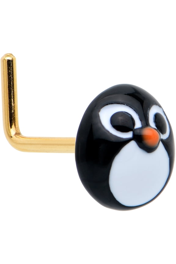 Womens 20G 7mm 316L Steel Bright L Shaped Nose Ring Round Penguin Face Nose Stud