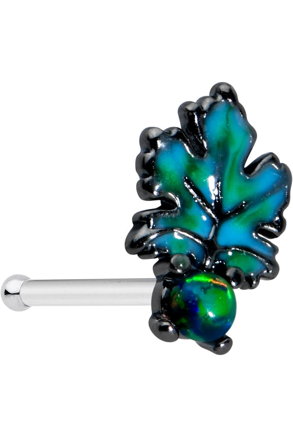 Womens 20G Black PVD Steel Nose Ring Green Leaf Nose Stud Nose Bone 1/4