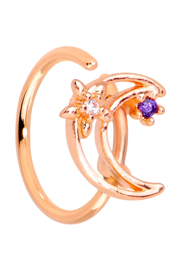 Womens 20G PVD Steel Nose Ring Purple Accent Moon Star Nose Hoop Ring Circular Nose Ring 5/16