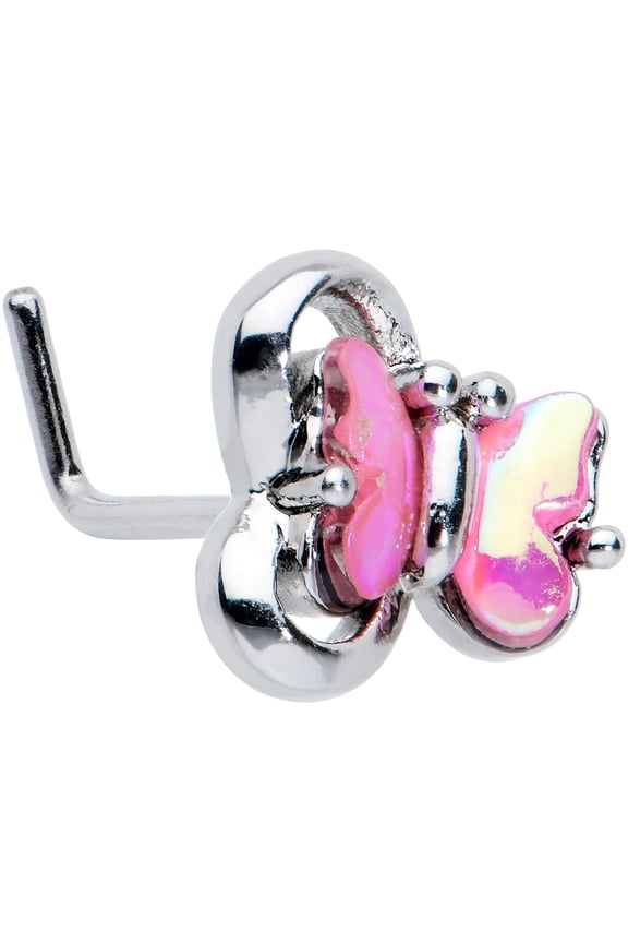 Womens 20G Stainless Steel L Shaped Nose Ring Pink Butterfly Nose Stud 7mm