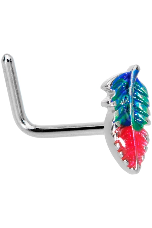 Womens 20G Steel L Shaped Nose Ring Blue Green Red Feather Nose Stud Body Piercing Jewelry 1/4"