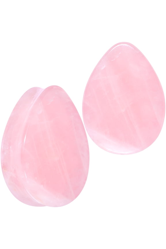 Womens 2PC Solid Pink Rose Quartz Stone Drop Saddle Plugs Double Flare Plug Ear Plug Gauges