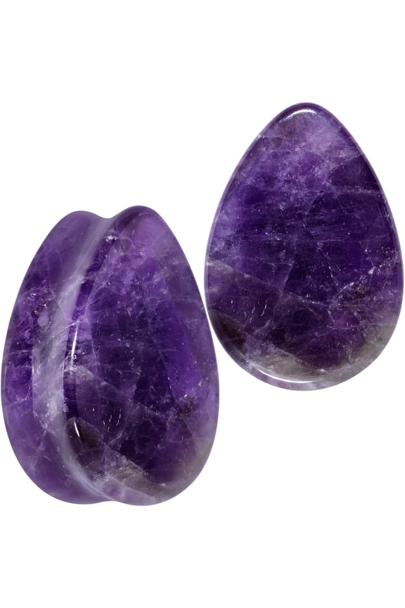 Womens 2PC Solid Purple Amethyst Stone Drop Saddle Plugs Double Flare Plug Ear Plug Gauges
