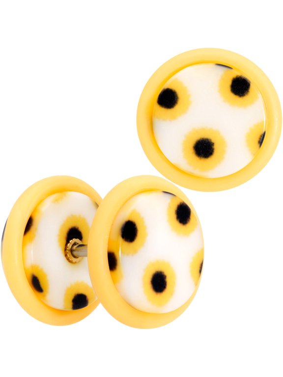 Womens 2PC Steel Illusion Cheater Plug Earrings White Yellow Sunflower Fake Ear Plugs Gauges