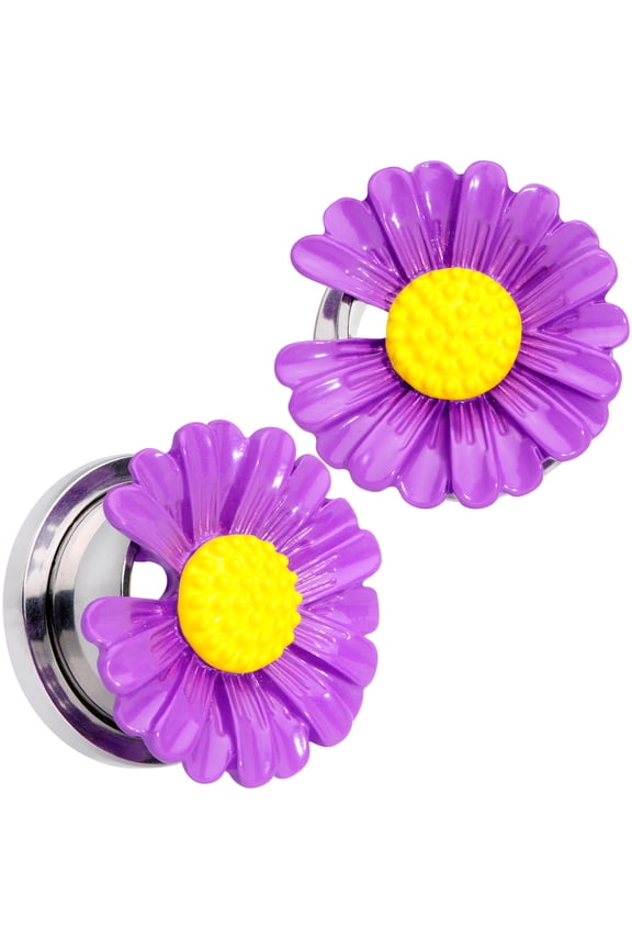 Womens 2Pc 316L Stainless Steel Screw Fit Plug Purple Flower Ear Plug Gauges Set of 2