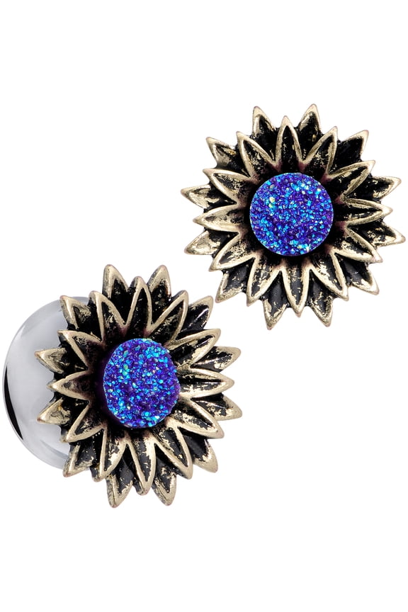 Womens 2Pc 5/8" Stainless Steel Double Flare Blue Center Flower Plug Ear Plug Gauges Set of 2